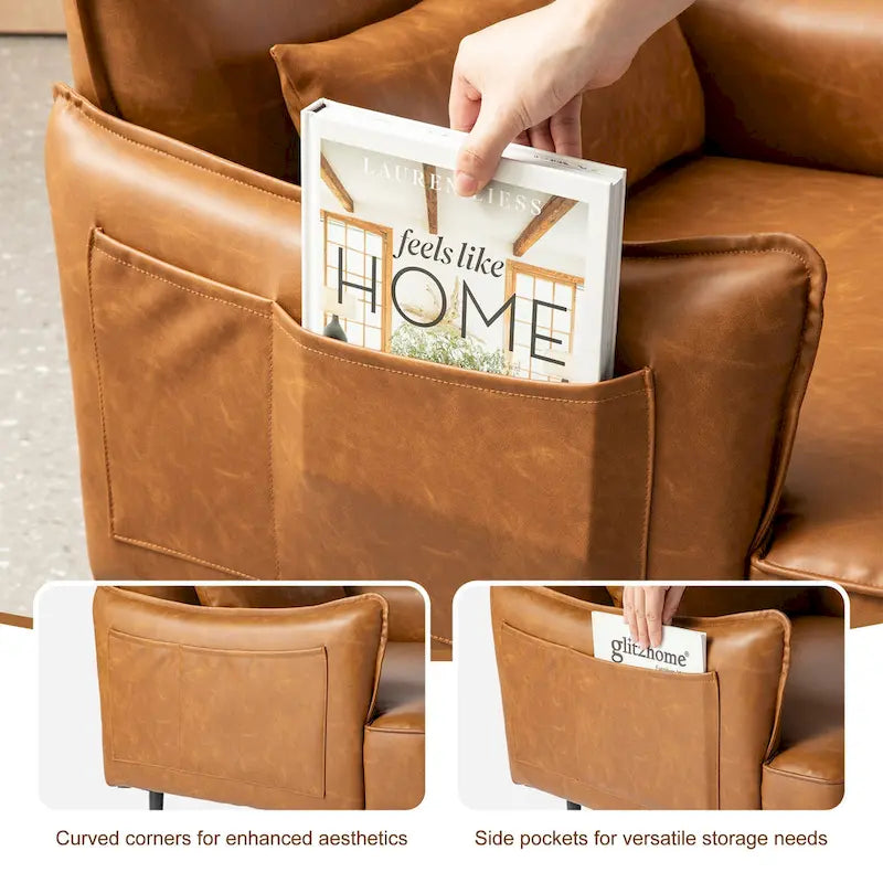 Mid-Century-Modern-Sessel aus Kunstleder mit Seitentasche (2er-Set)