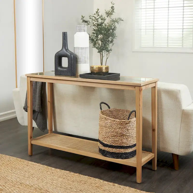 Slim Natural Wood Console Table with Glass Top and Rattan Shelf - 14Wx47Lx32H