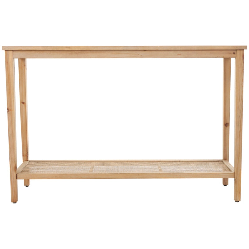 Slim Natural Wood Console Table with Glass Top and Rattan Shelf - 14Wx47Lx32H