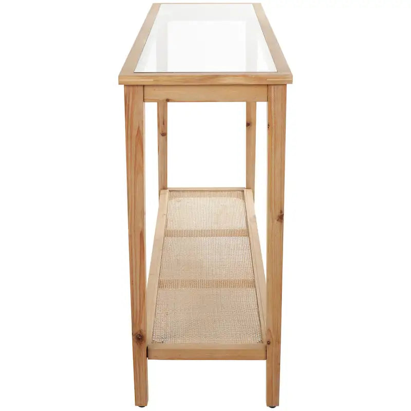Slim Natural Wood Console Table with Glass Top and Rattan Shelf - 14Wx47Lx32H