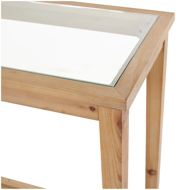 Slim Natural Wood Console Table with Glass Top and Rattan Shelf - 14Wx47Lx32H
