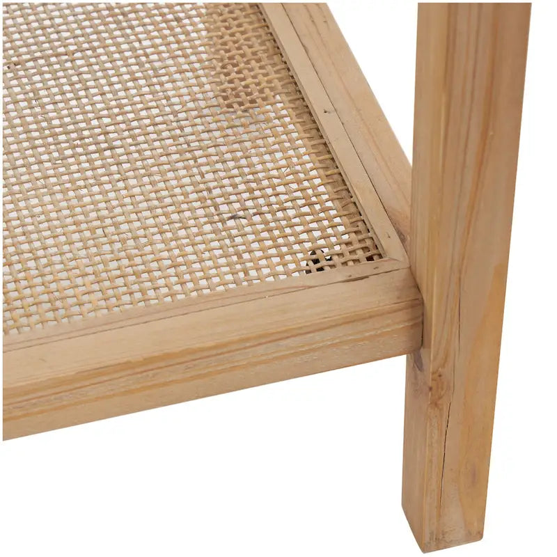 Slim Natural Wood Console Table with Glass Top and Rattan Shelf - 14Wx47Lx32H
