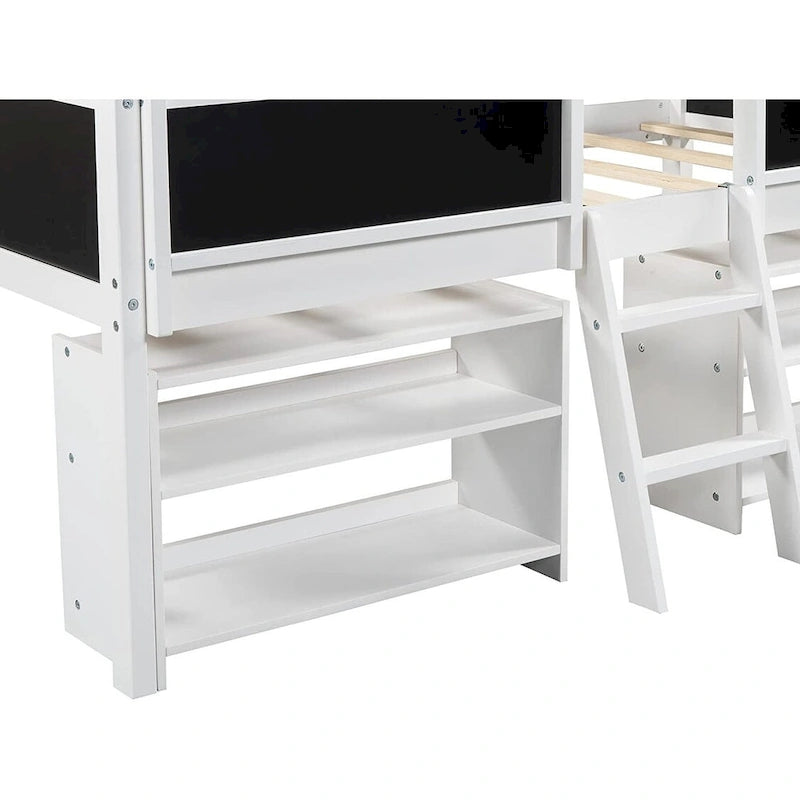 Niedriges Twin-Hochbett mit 2 verschiebbaren Regalen, Leiter und Tafel