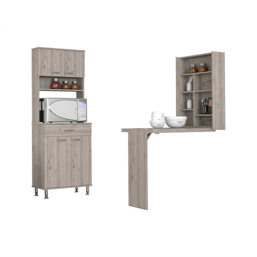 2-Piece Kitchen Set – Pantry Cabinet and Foldable Wall Table in Light Gray