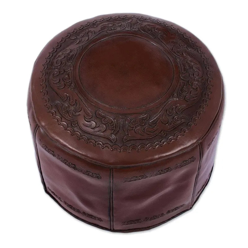 Handmade Tooled Leather Ottoman Pouf – Made in Peru