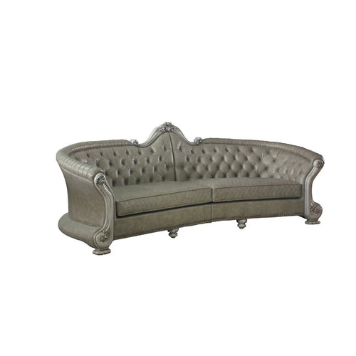 113" Bone Faux Leather Sofa with Toss Pillows and White Legs
