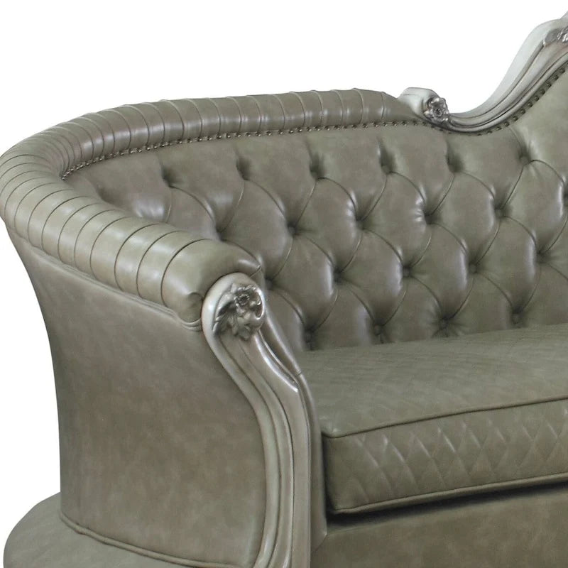 113" Bone Faux Leather Sofa with Toss Pillows and White Legs