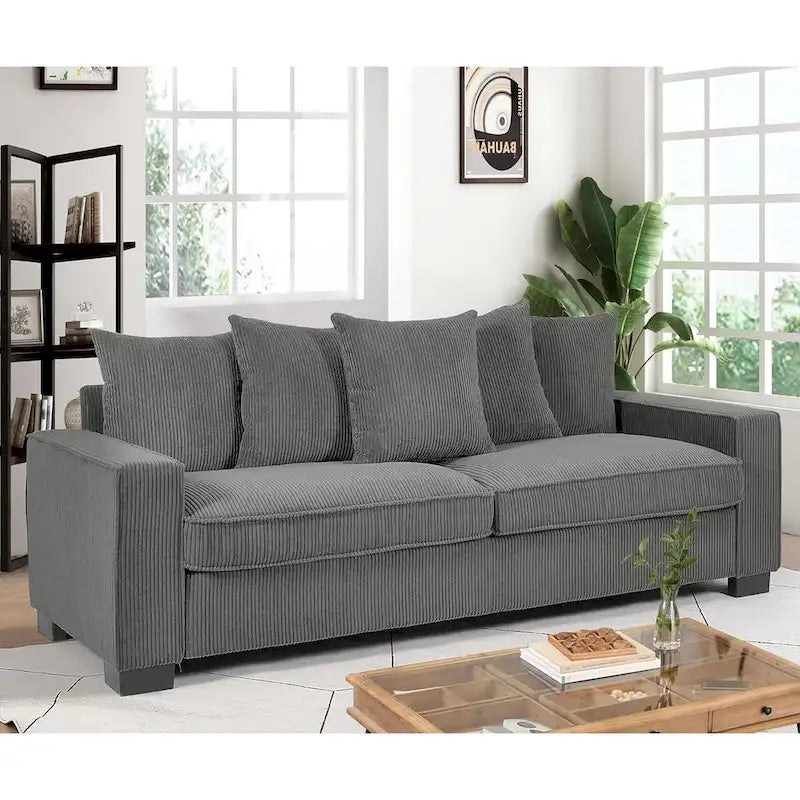 Large Corduroy Sofa with 5 Toss Pillows - Streamlined Design