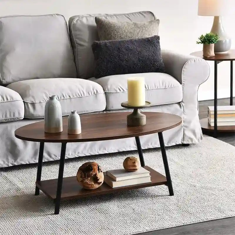 Ovaler rustikaler Couchtisch mit Ablage - 23.43D x 39.37W x 16.54H