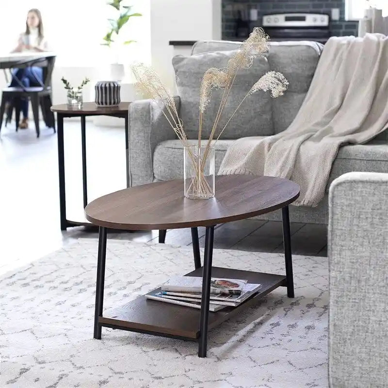 Ovaler rustikaler Couchtisch mit Ablage - 23.43D x 39.37W x 16.54H