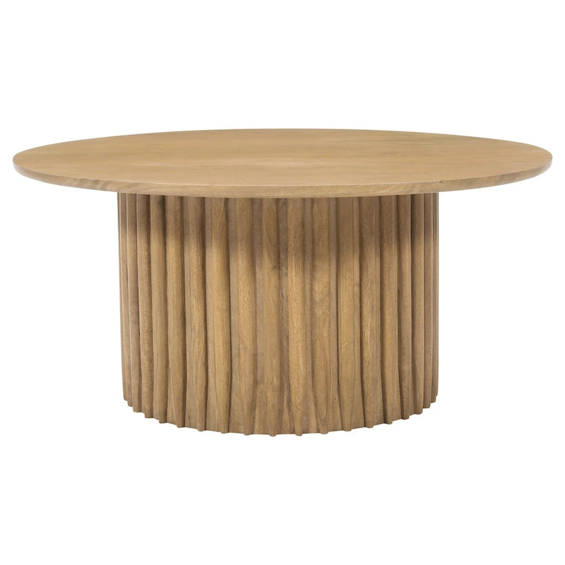 Runder Couchtisch aus Mangoholz mit geriffeltem Fuß, 34" - Naturbraun