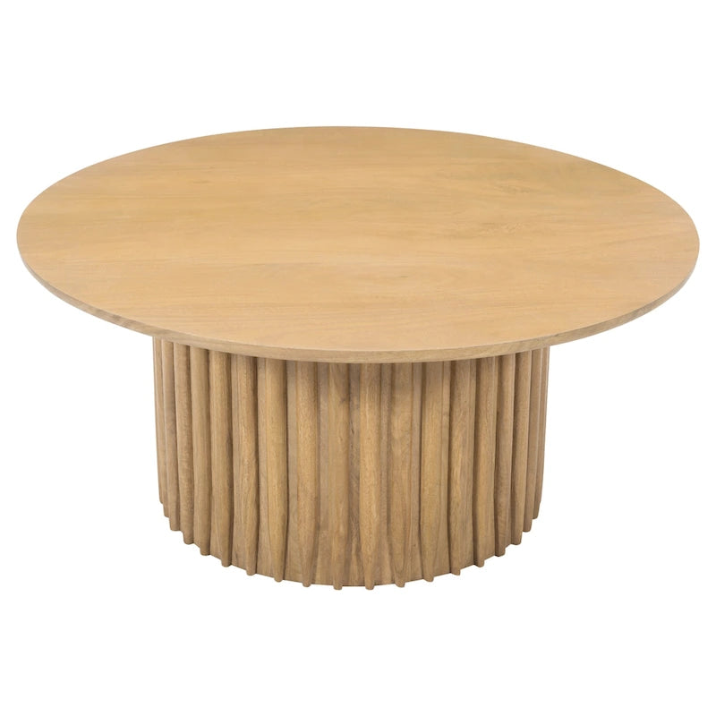 Round Mango Wood Coffee Table with Fluted Base, 34" - Natural Brown
