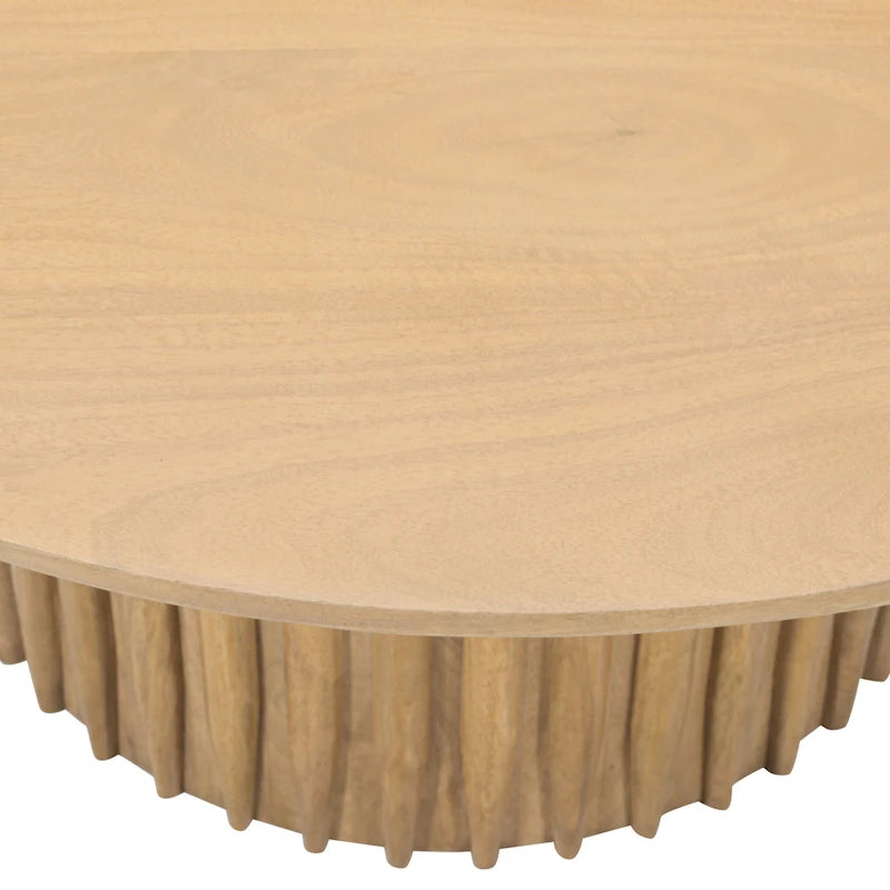 Runder Couchtisch aus Mangoholz mit geriffeltem Fuß, 34" - Naturbraun