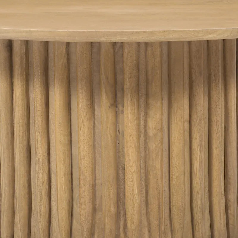 Runder Couchtisch aus Mangoholz mit geriffeltem Fuß, 34" - Naturbraun