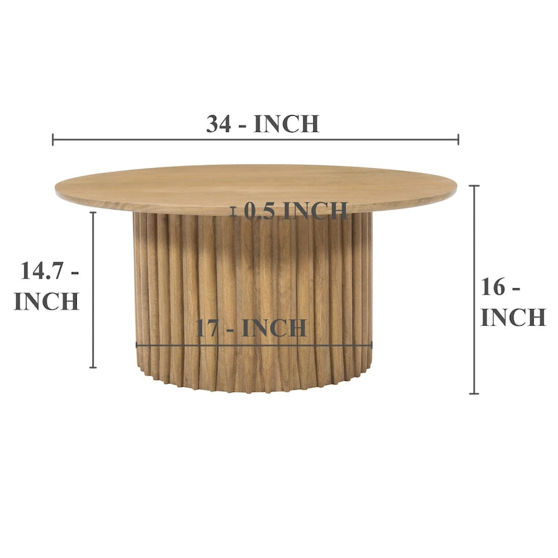 Runder Couchtisch aus Mangoholz mit geriffeltem Fuß, 34" - Naturbraun