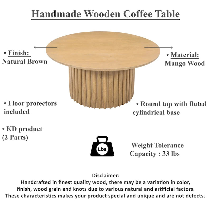 Runder Couchtisch aus Mangoholz mit geriffeltem Fuß, 34" - Naturbraun