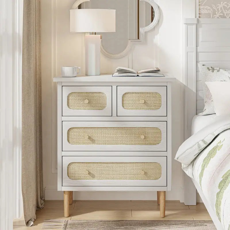 Wicker Rattan 4-Drawer Chest in White