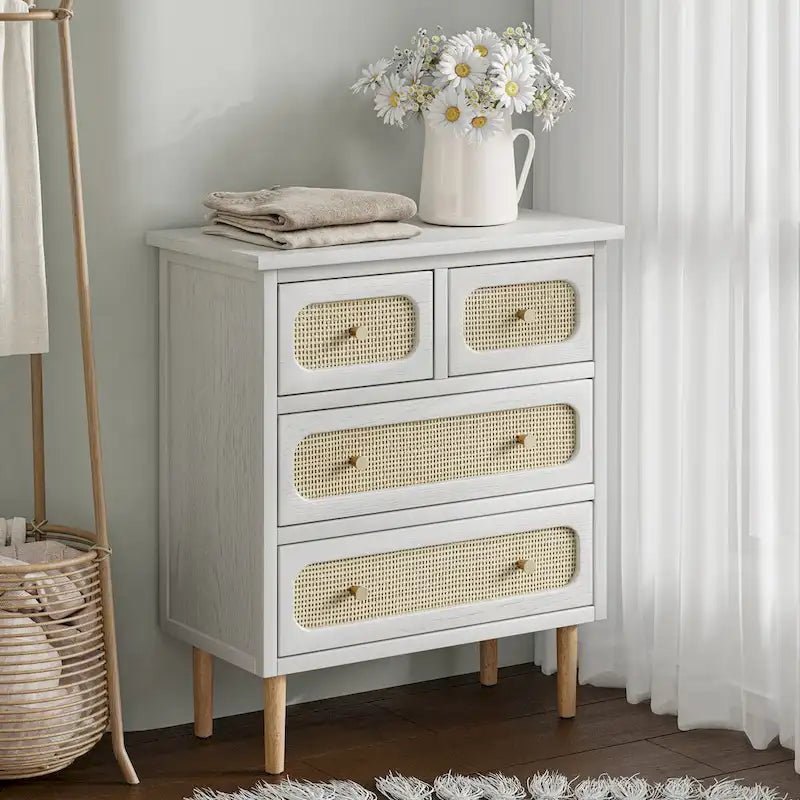 Wicker Rattan 4-Drawer Chest in White