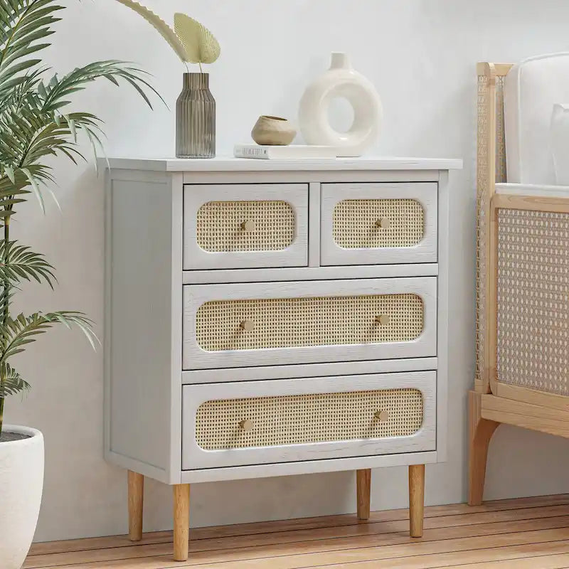 Wicker Rattan 4-Drawer Chest in White