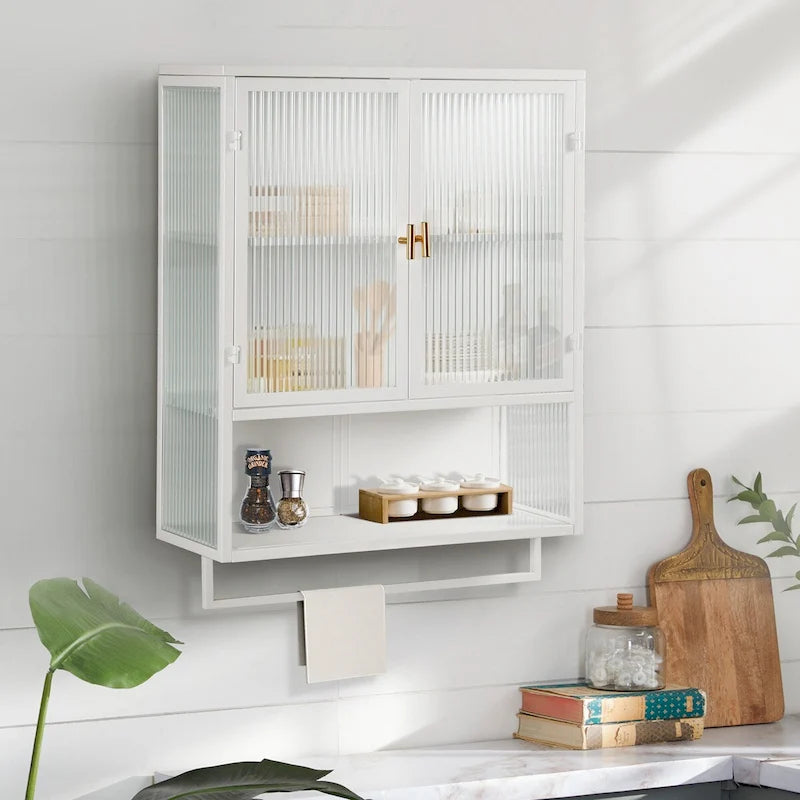 23.62" Glass Door Wall Cabinet with Open Shelf and Towel Rack