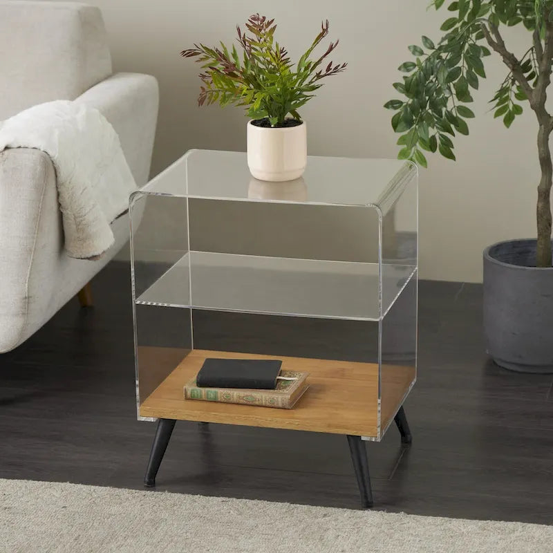 Acrylic 1-Shelf Side End Accent Table with Wood Base and Black Legs – Clear