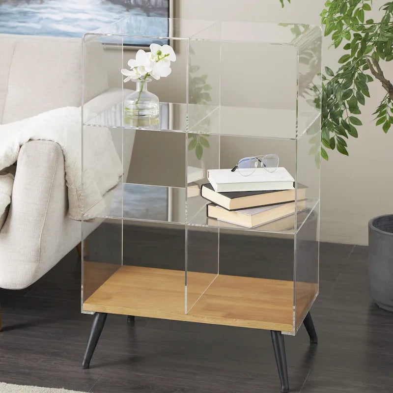 Acrylic 1-Shelf Side End Accent Table with Wood Base and Black Legs – Clear